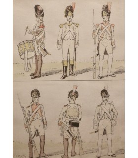 LARGE "Types militaires" - Gravure originale en couleur.