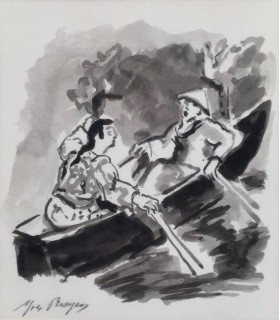 BRAYER Yves " Promenade en Barque" - Lavis d'encre de chine original signé.