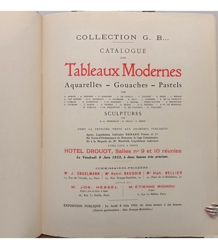 DROUOT - Collection G.B.. Première vente Paris 9 juin 1933 - Catalogue aquarelles, gouaches,.sculptures...