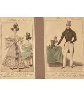 Mode de Paris "Petit courrier des dames " - Lot de 2 gravures originales rehaussées à la gouache.