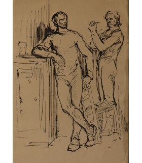 NAUDIN Bernard "Deux hommes debout" - Dessin original à la plume.