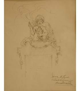 NAUDIN Bernard "Angelot sur une cheminée" - Dessin original signé.